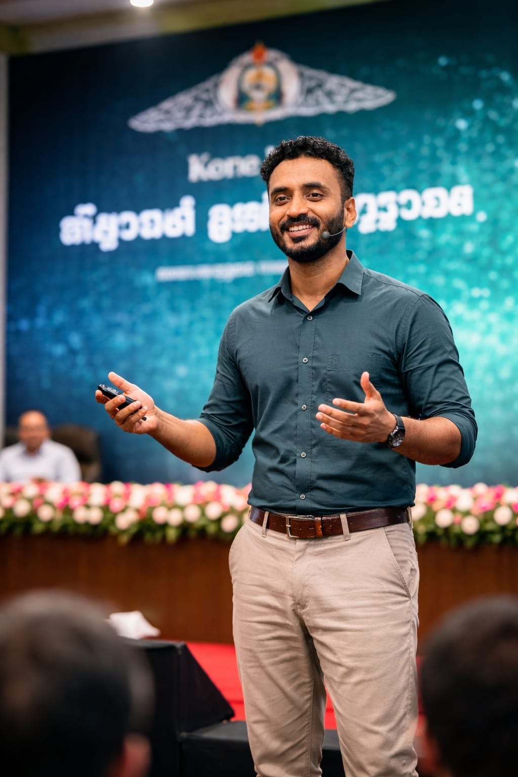 Samad presenting on stage at an event